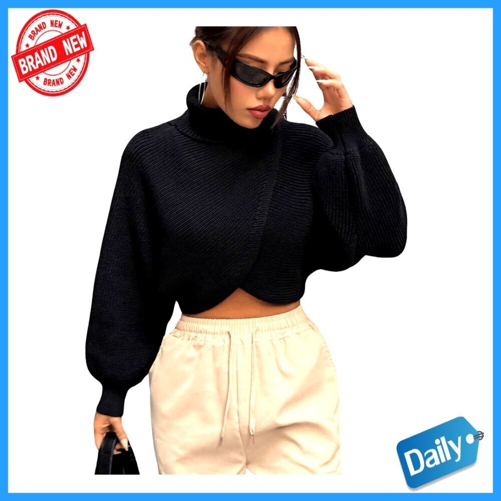 Turtleneck Wrap Cropped Pullover Sweater Asymmetrical Hem Bishop Sleeve